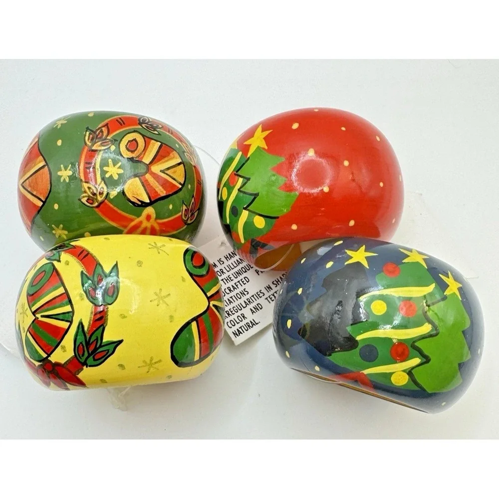 Christmas Napkin Rings Set 4 Lillian Vernon Wood Tree‎ & Stocking Hand Painted